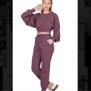 43. Zenana Purple Cropped Sweatshirt And Highwaist Joggers with drawstring NWT